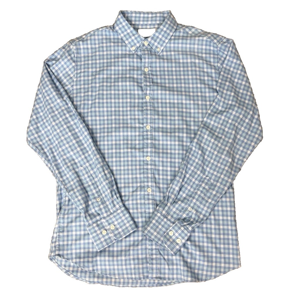 Savannah Plaid Button Down Shirt Men's Medium Blue WHITE Stretch Tencel Blend